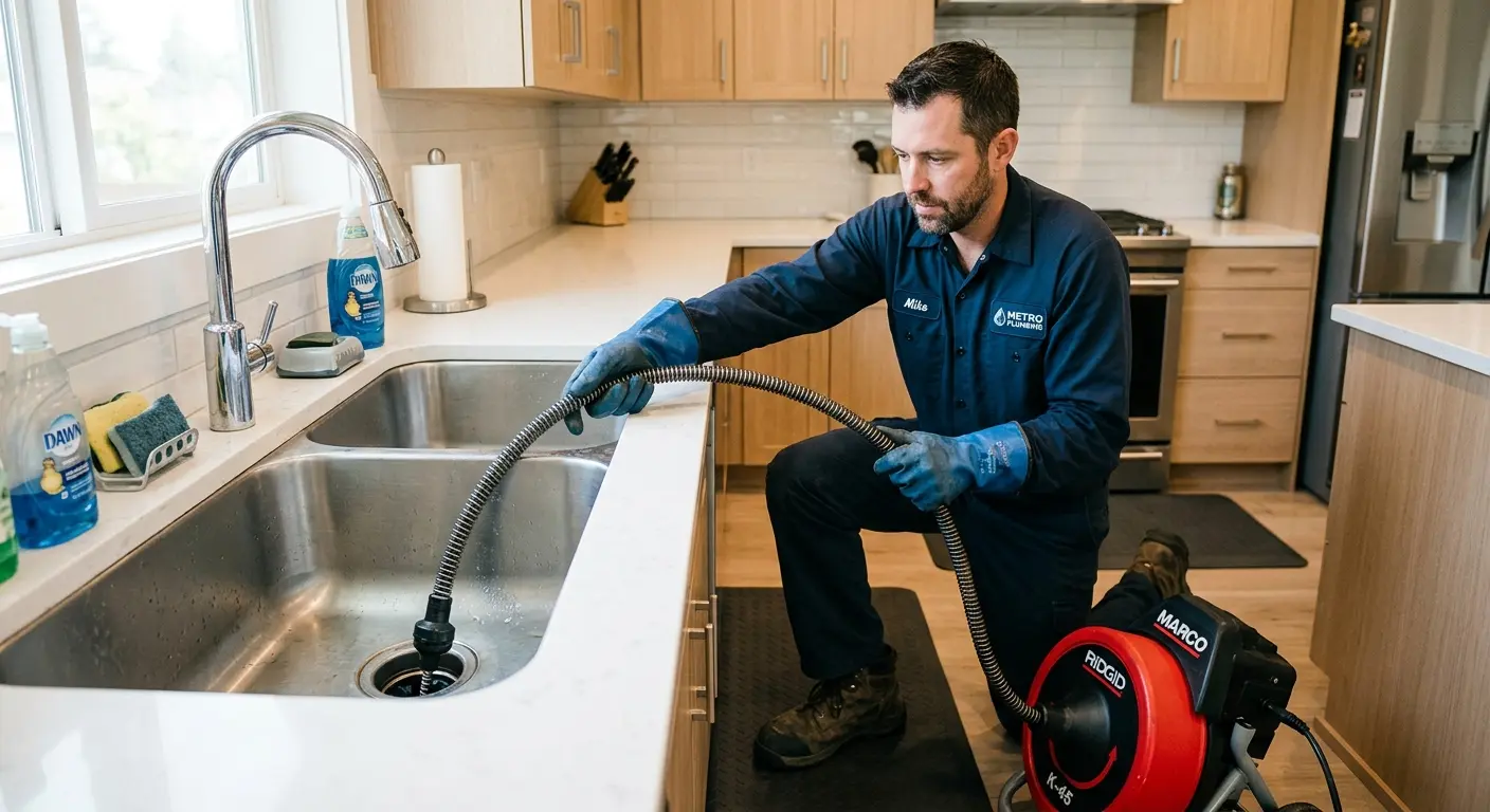Drain cleaning technician using a motorized snake on a kitchen sink in Gardner