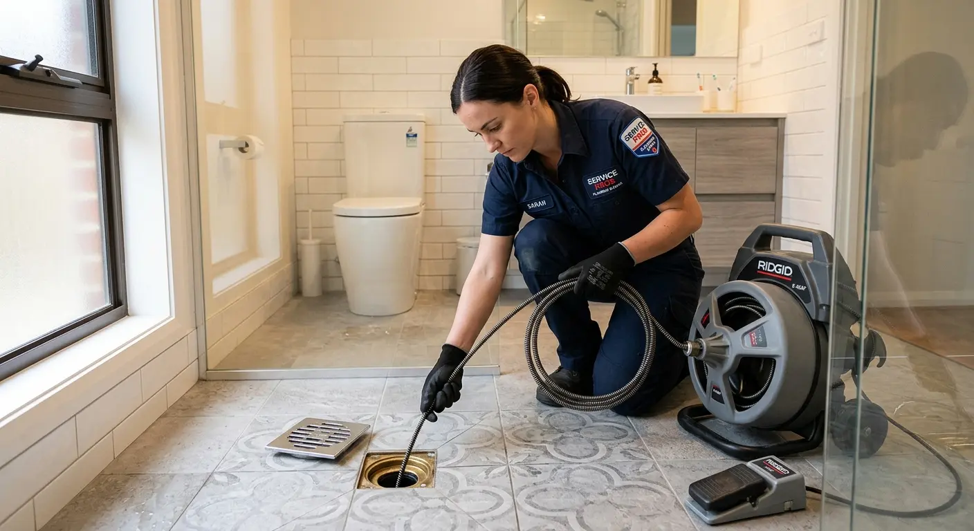 Technician clearing a bathroom floor drain for Sewer Line Installation in Gardner